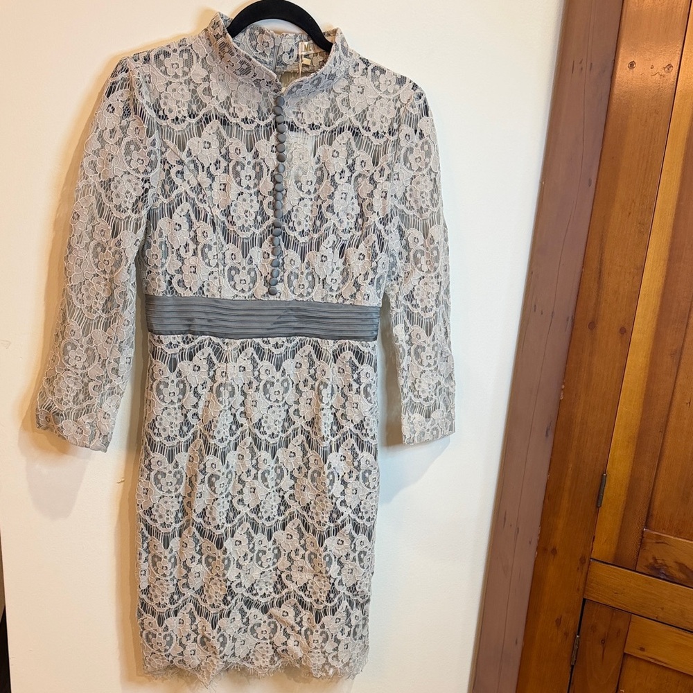 NWT Metisu Gray Hollow Out Lace MIDI Twee Dress with Front Buttons